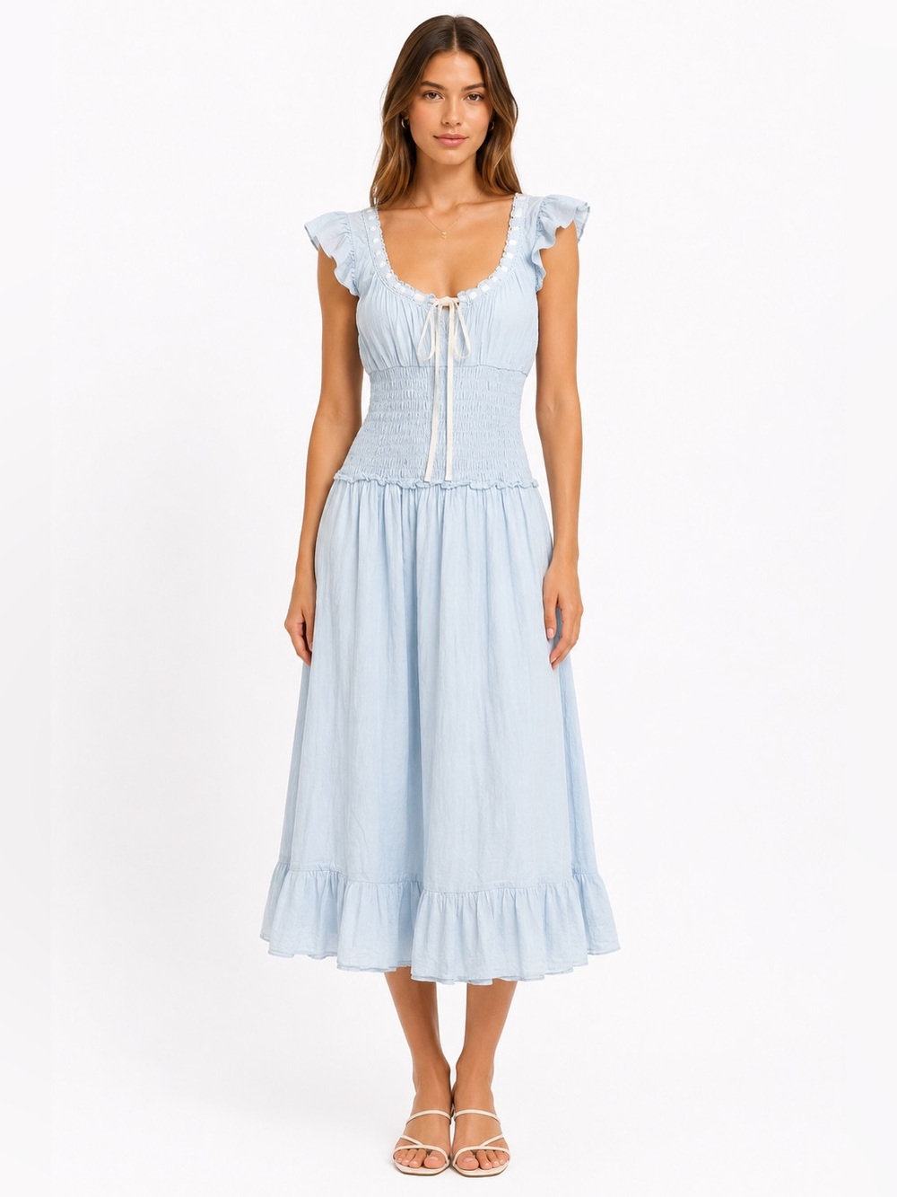 Kimchi Blue Light Blue Cotton Smocked Midi Dress Ruffle Hem Cottagecore